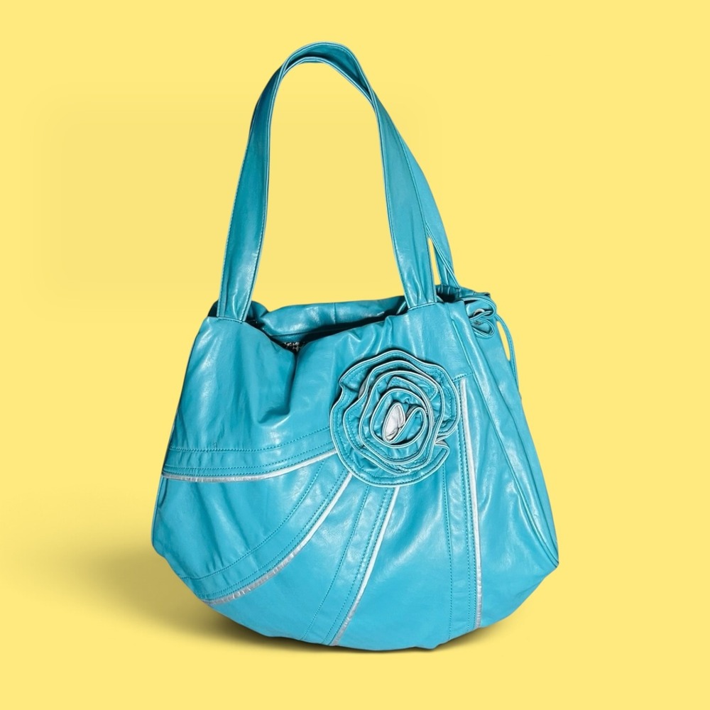 Vintage Y2K Turquoise Slouchy Hobo Bag Leopard Lining Rosette Accent 2000s